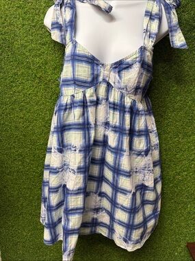 Urban Outfitters Blue and Cream Plaid Tie-Shoulder Sundress